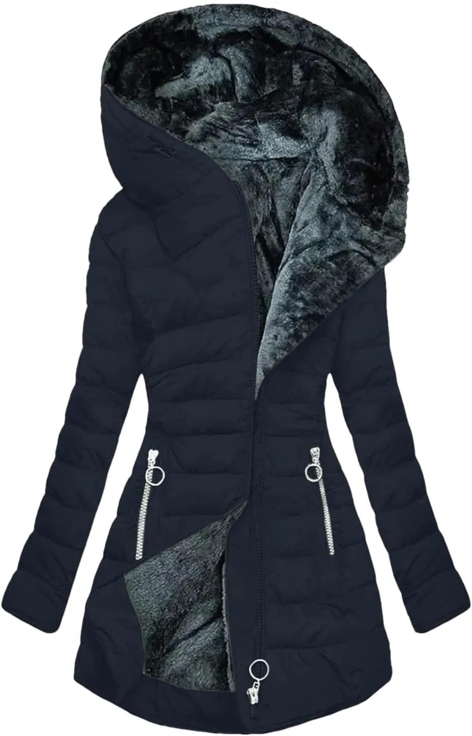 Dcvmvmn Women's Winter Down Jacket Casual Hooded Cotton Outerwears Padded Puffer Parkas Coats Navy Blue