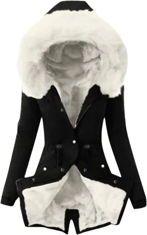 Dcvmvmn Women's Winter Hooded Cotton Jacket Casual Slim Padded Parkas Coat Wadded Warm Overcoat Black White