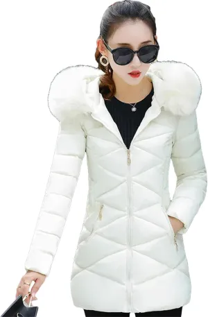 Dcvmvmn Women's Winter Hooded Parka Long Coat Female Casual Warm Thicken Outwear Cotton Padded Jacket Milky White
