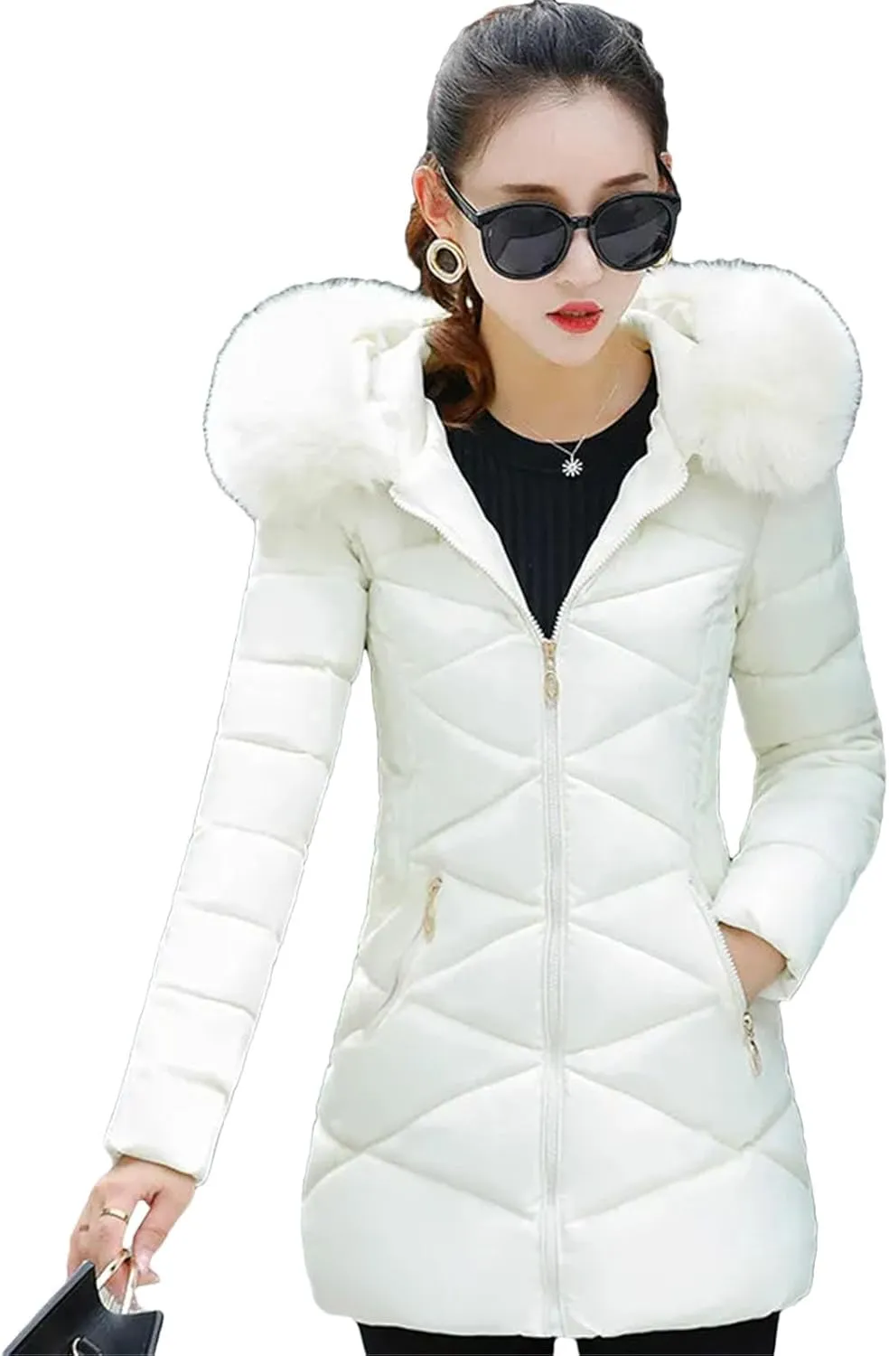 Dcvmvmn Women's Winter Hooded Parka Long Coat Female Casual Warm Thicken Outwear Cotton Padded Jacket Milky White