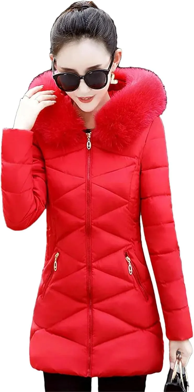 Dcvmvmn Women's Winter Hooded Parka Long Coat Female Casual Warm Thicken Outwear Cotton Padded Jacket Red