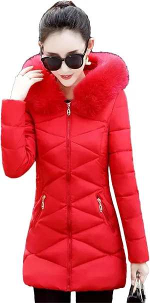 Dcvmvmn Women's Winter Hooded Parka Long Coat Female Casual Warm Thicken Outwear Cotton Padded Jacket Red