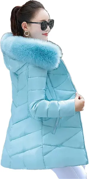 Dcvmvmn Women's Winter Hooded Parka Long Coat Female Casual Warm Thicken Outwear Cotton Padded Jacket Sky Blue