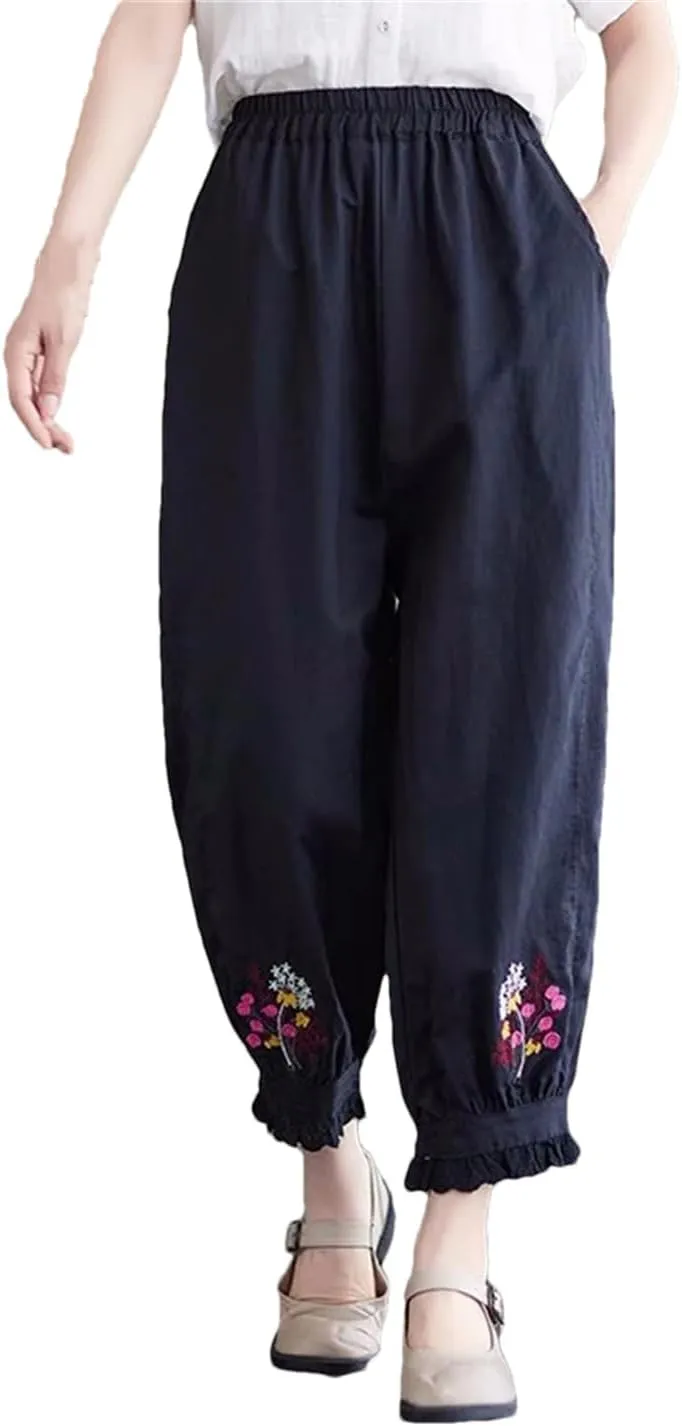 Dndrdhfb Women's Flower Embroidered Bloomers Casual Ankle Harem Pants Elastic Waist Cotton Pants