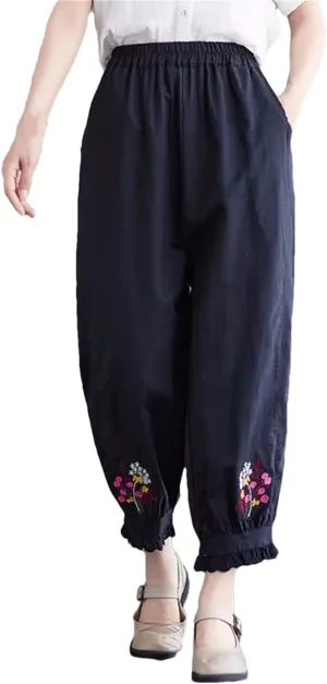 Dndrdhfb Women's Flower Embroidered Bloomers Casual Ankle Harem Pants Elastic Waist Cotton Pants