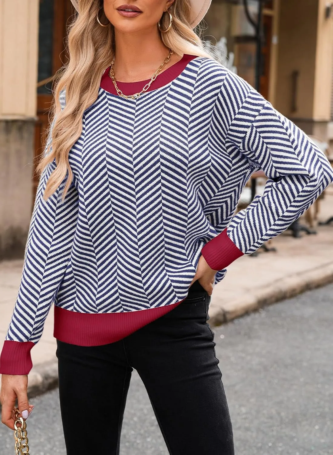 Dokotoo Women's Crewneck Cute Sweaters 2024 Striped Colorblock Fall Winter Knitted Pullover Tops