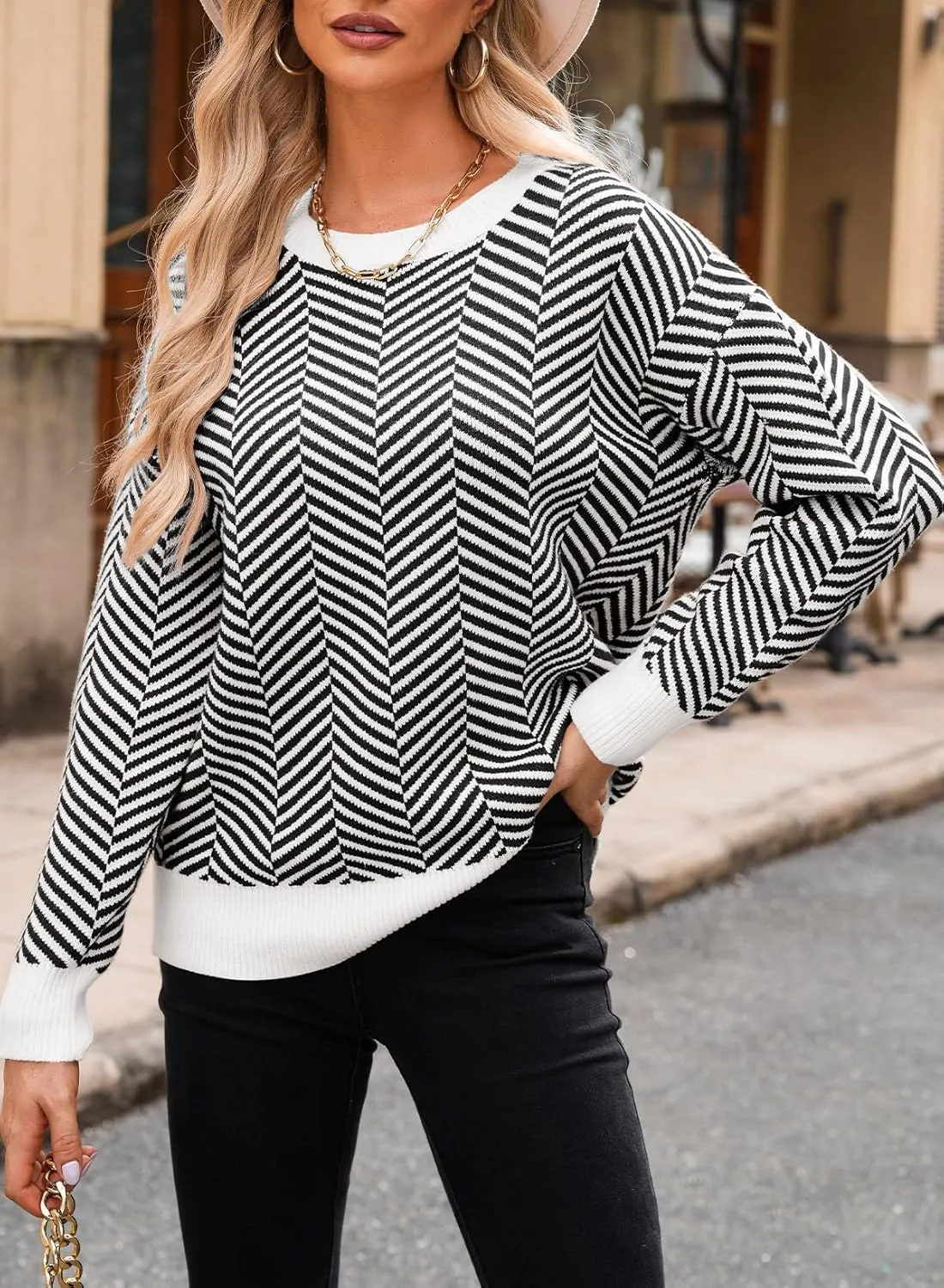 Dokotoo Women's Crewneck Cute Sweaters 2024 Striped Colorblock Fall Winter Knitted Pullover Tops