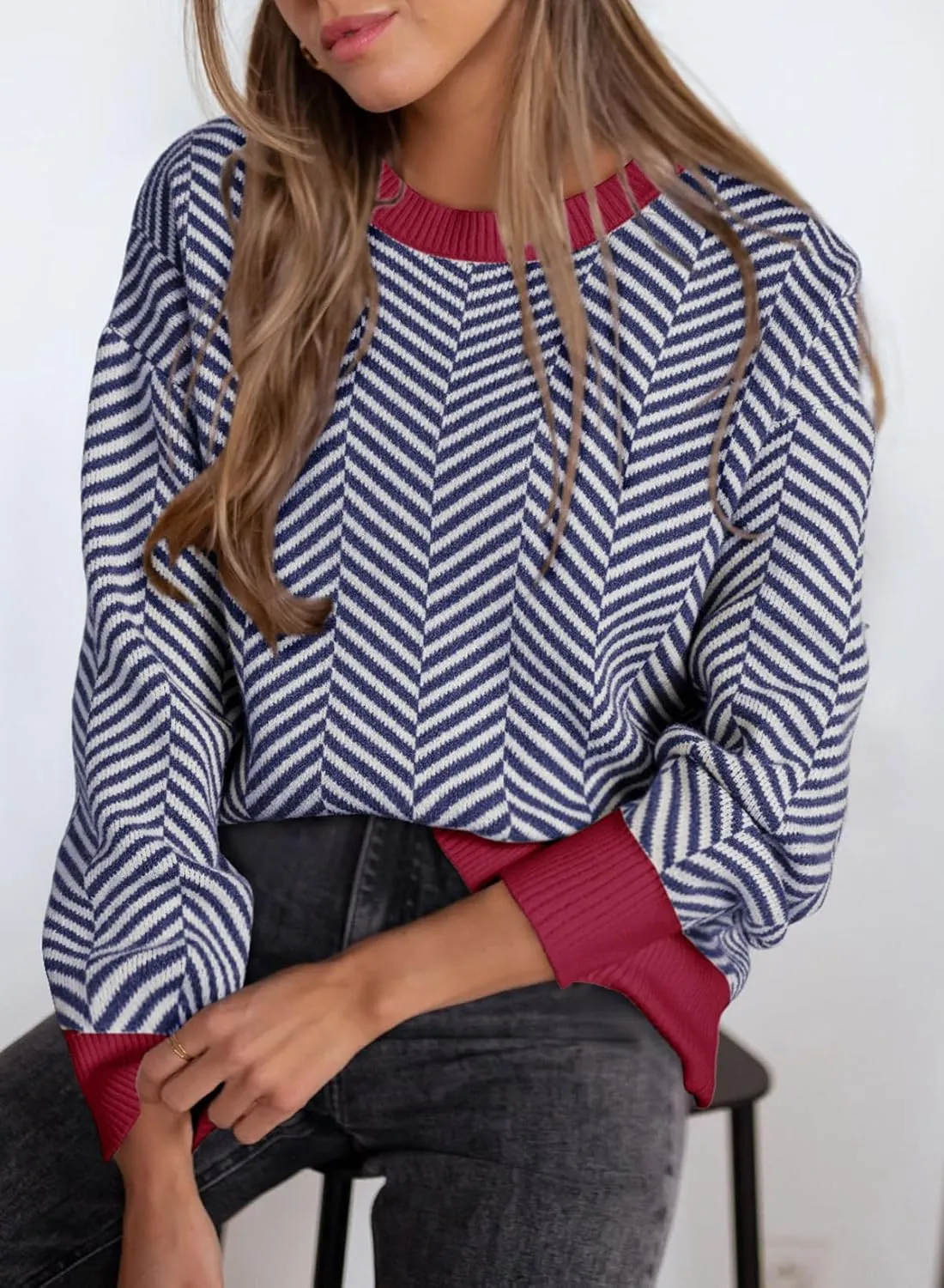 Dokotoo Women's Crewneck Cute Sweaters 2024 Striped Colorblock Fall Winter Knitted Pullover Tops