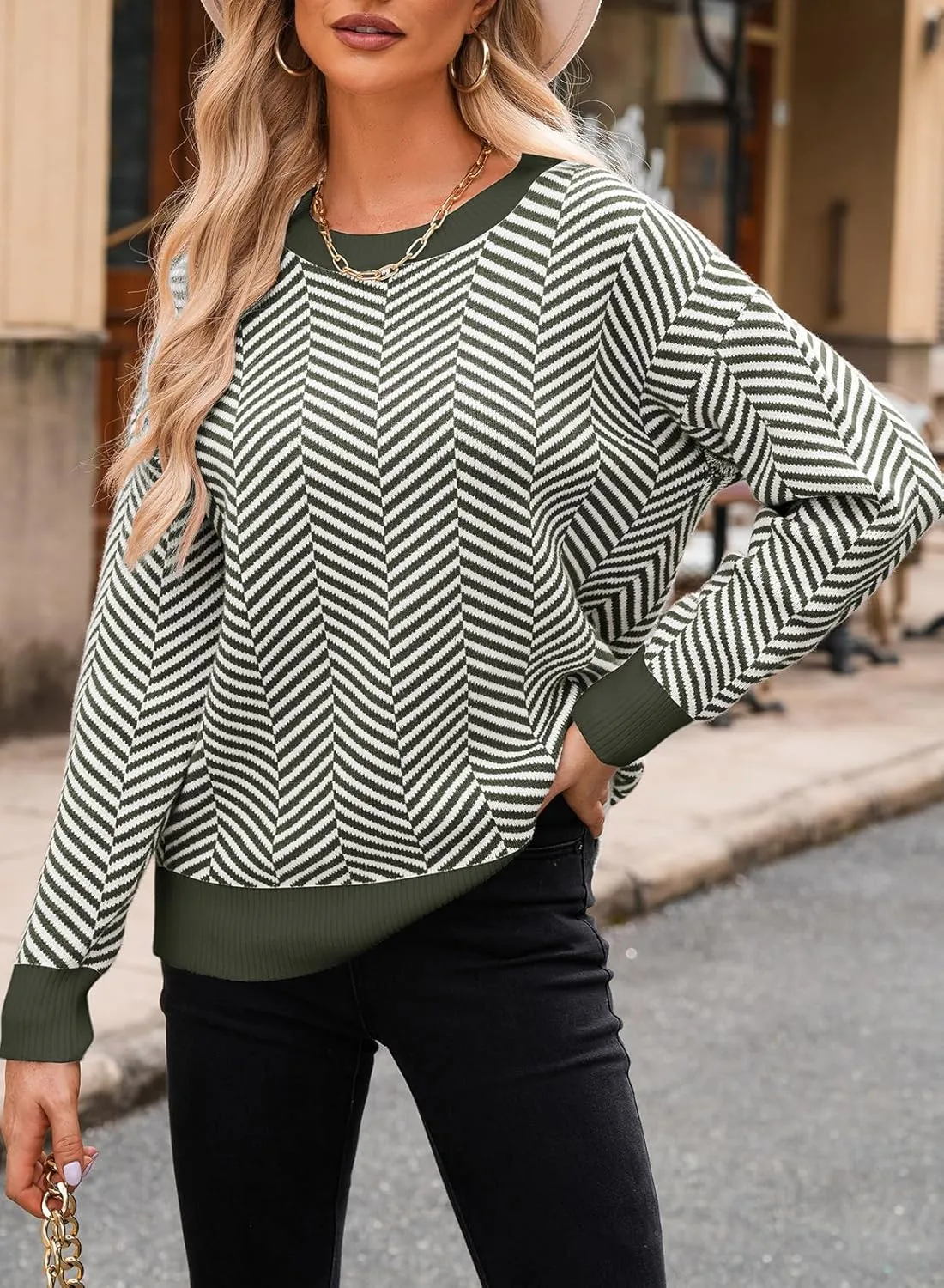 Dokotoo Women's Crewneck Cute Sweaters 2024 Striped Colorblock Fall Winter Knitted Pullover Tops