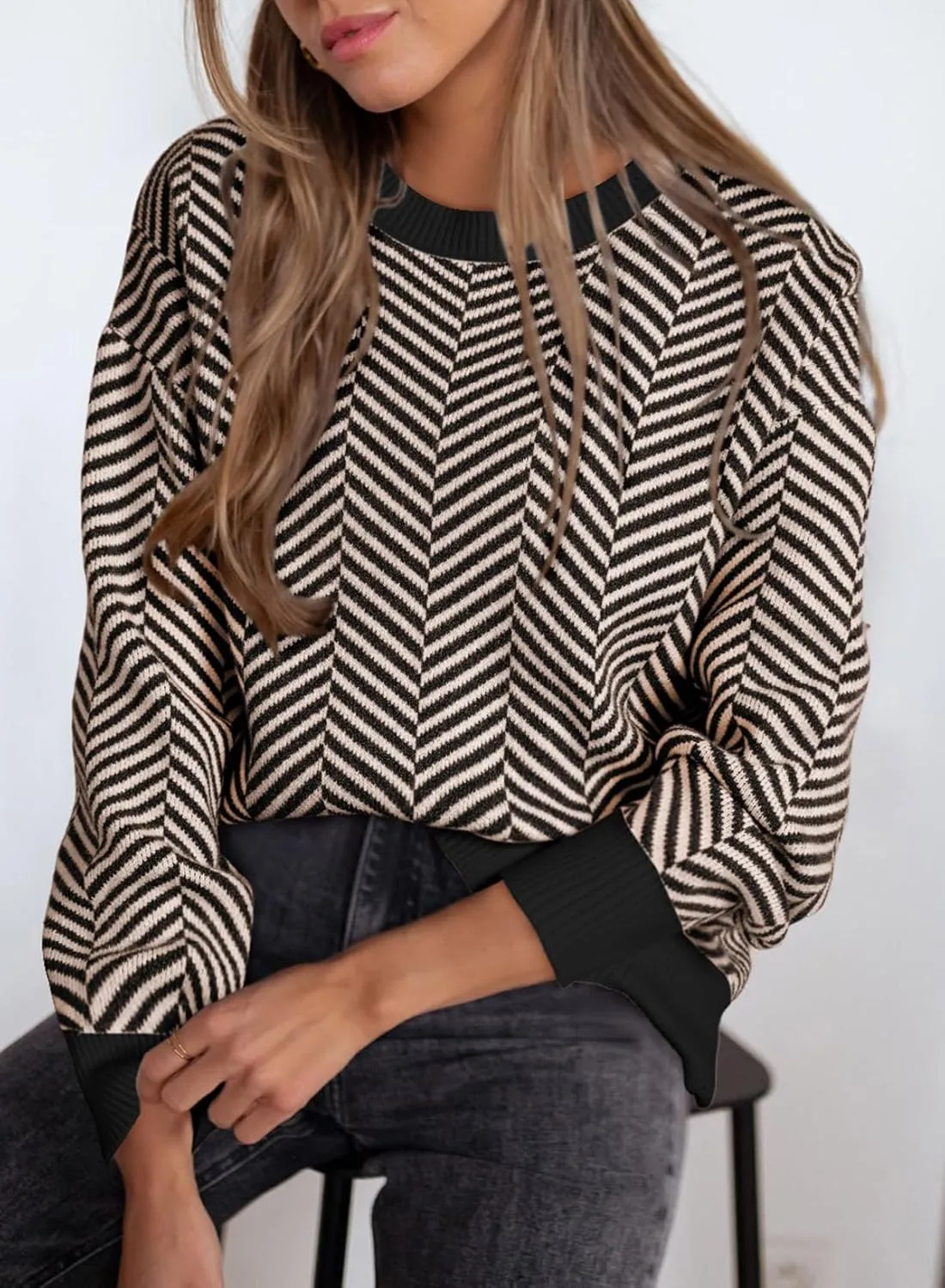 Dokotoo Women's Crewneck Cute Sweaters 2024 Striped Colorblock Fall Winter Knitted Pullover Tops