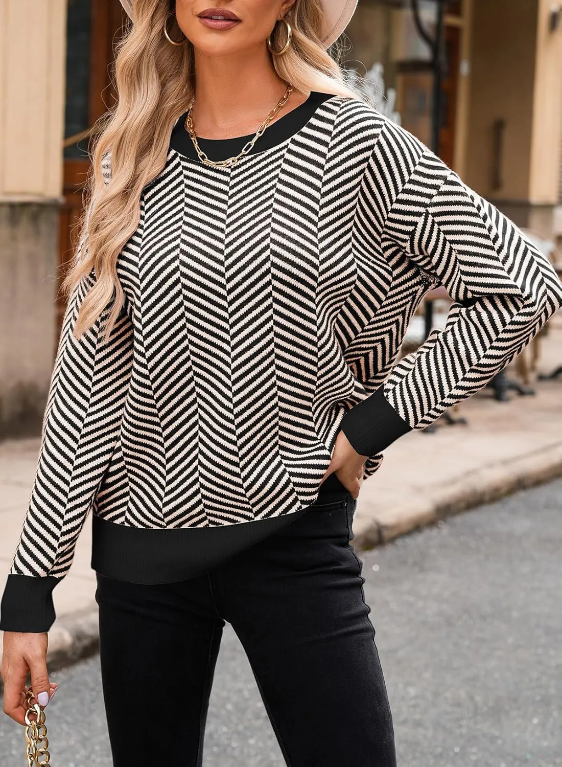 Dokotoo Women's Crewneck Cute Sweaters 2024 Striped Colorblock Fall Winter Knitted Pullover Tops