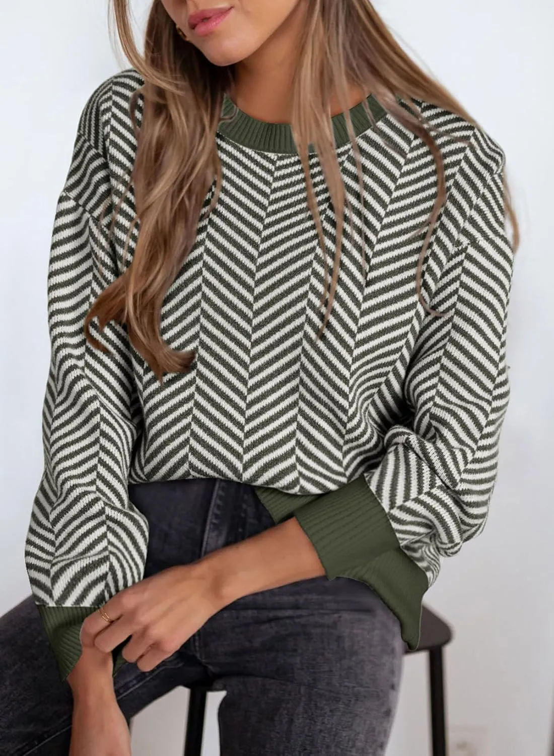 Dokotoo Women's Crewneck Cute Sweaters 2024 Striped Colorblock Fall Winter Knitted Pullover Tops