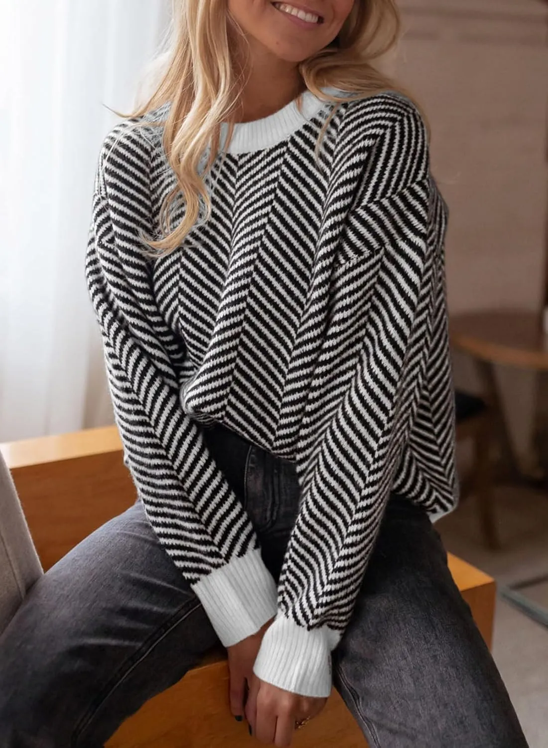 Dokotoo Women's Crewneck Cute Sweaters 2024 Striped Colorblock Fall Winter Knitted Pullover Tops