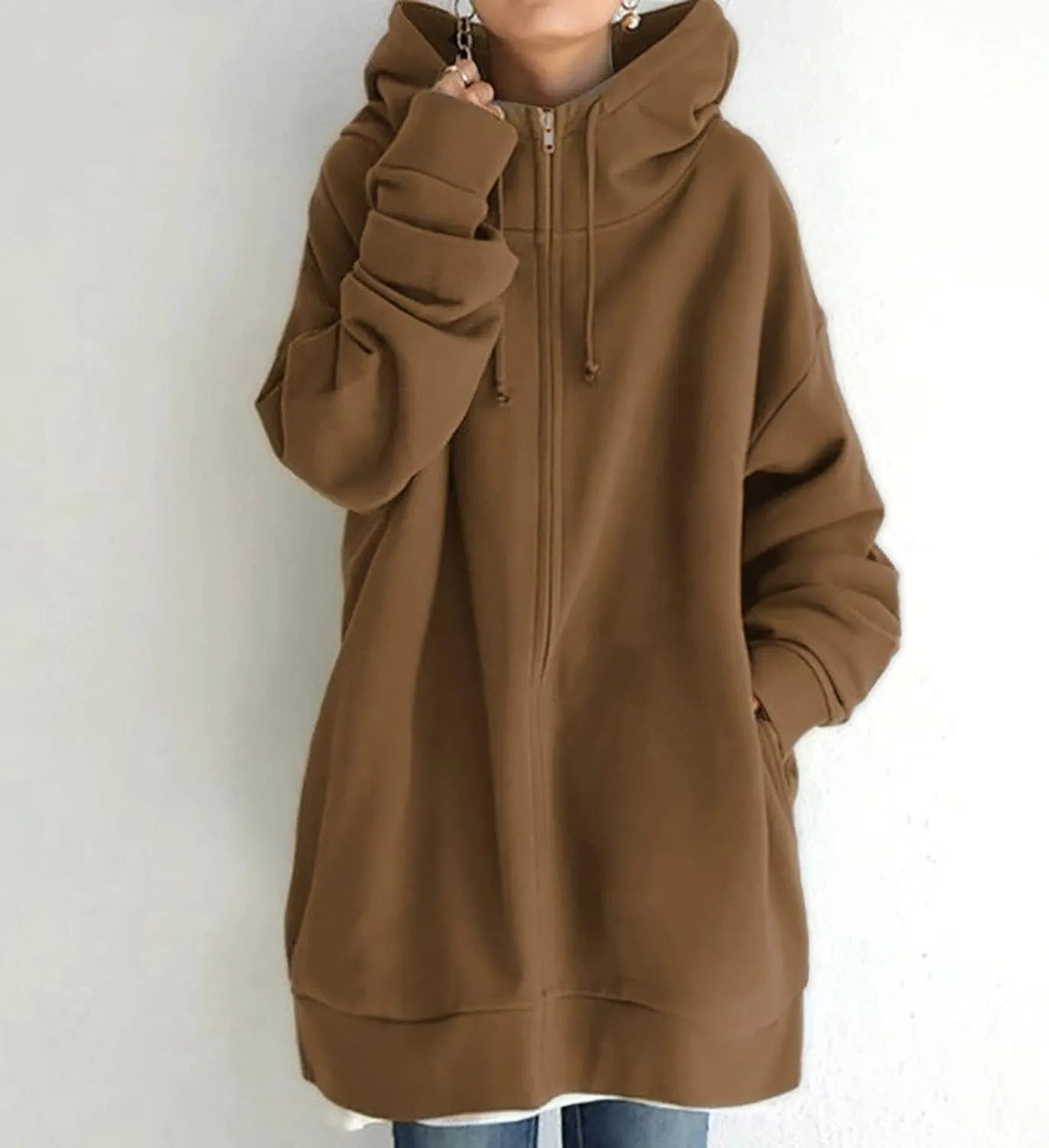 DOLKFU Womens Drawstring Long Hoodie Dress Zip Up Pullover Hooded Sweatshirts Casual Clothes Oversized Y2K Winter Tops