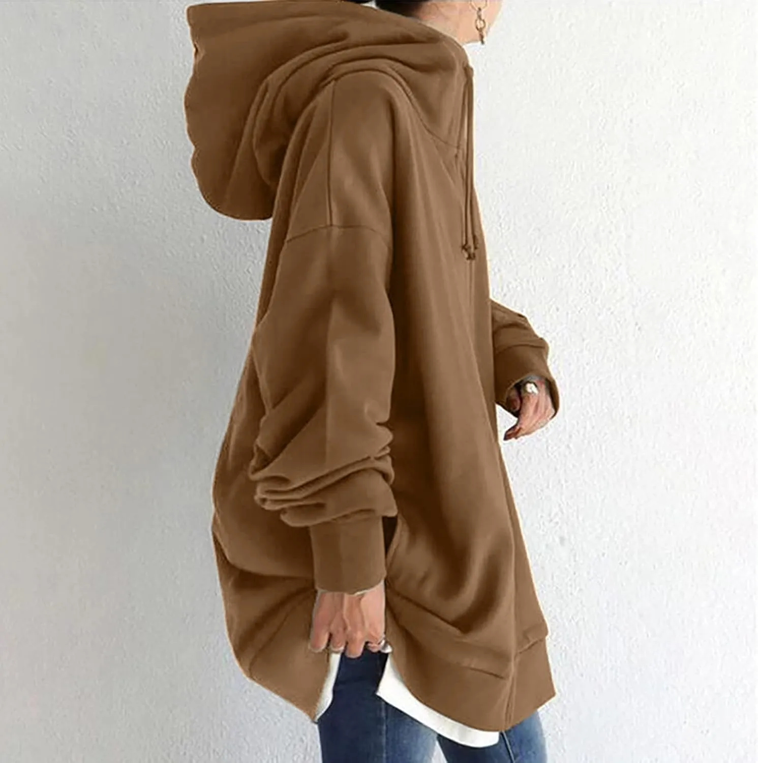 DOLKFU Womens Drawstring Long Hoodie Dress Zip Up Pullover Hooded Sweatshirts Casual Clothes Oversized Y2K Winter Tops