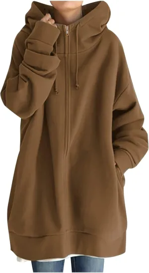DOLKFU Womens Drawstring Long Hoodie Dress Zip Up Pullover Hooded Sweatshirts Casual Clothes Oversized Y2K Winter Tops