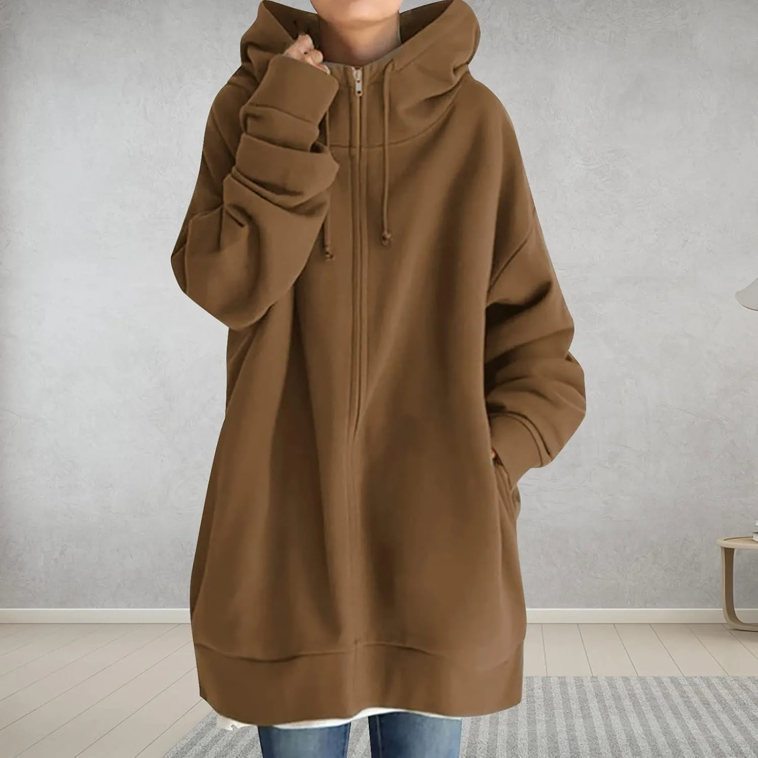 DOLKFU Womens Drawstring Long Hoodie Dress Zip Up Pullover Hooded Sweatshirts Casual Clothes Oversized Y2K Winter Tops