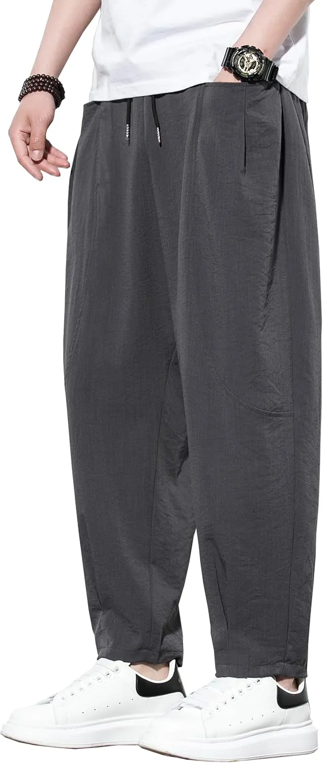 DOSLAVIDA Men's Linen Harem Pants Lightweight Elastic Waist Yoga Pants Casual Summer Beach Trouser with Pockets