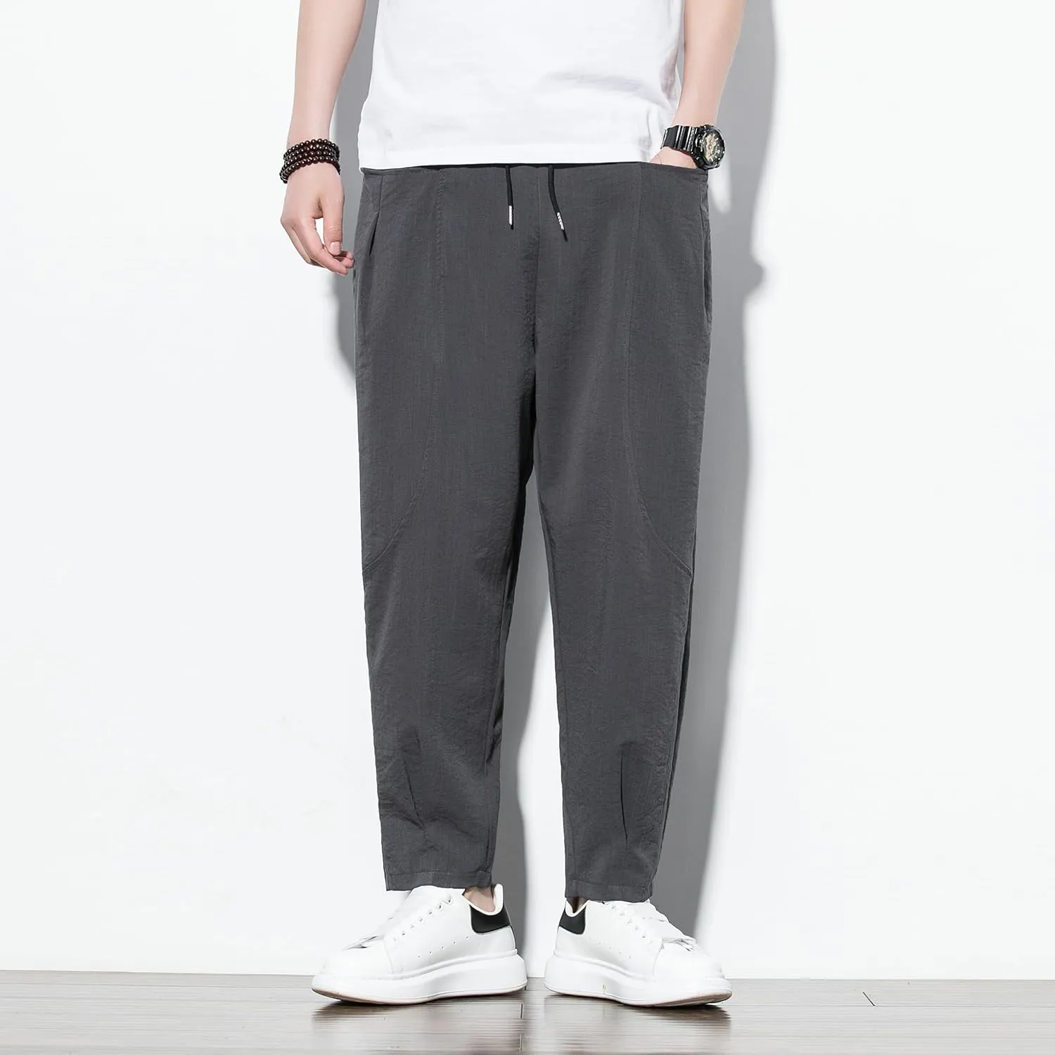 DOSLAVIDA Men's Linen Harem Pants Lightweight Elastic Waist Yoga Pants Casual Summer Beach Trouser with Pockets