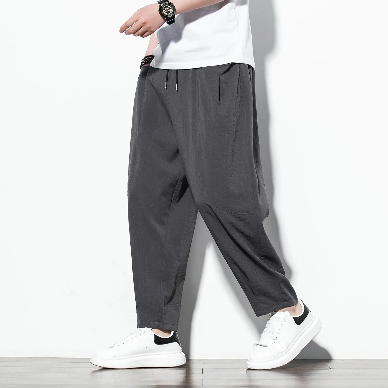 DOSLAVIDA Men's Linen Harem Pants Lightweight Elastic Waist Yoga Pants Casual Summer Beach Trouser with Pockets