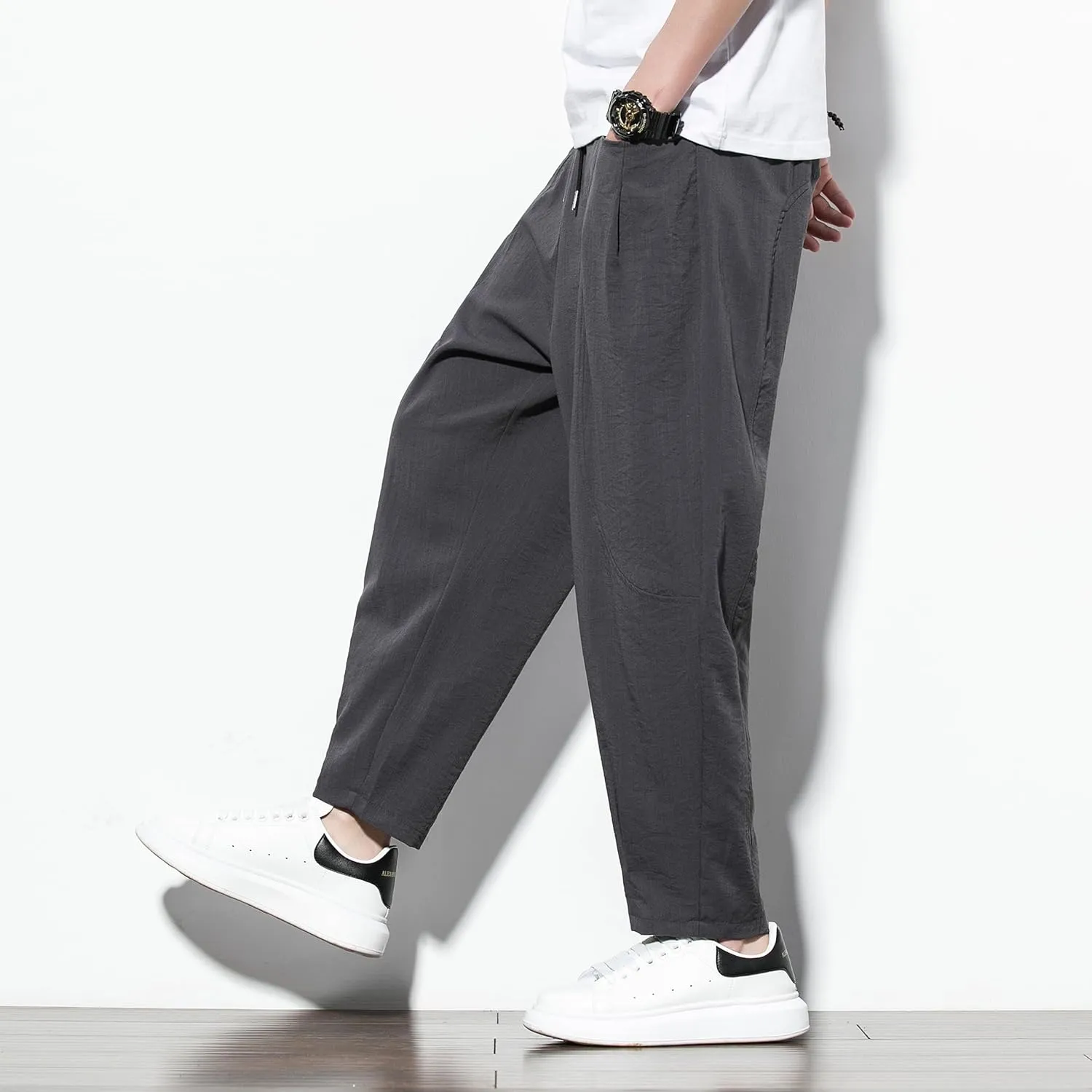 DOSLAVIDA Men's Linen Harem Pants Lightweight Elastic Waist Yoga Pants Casual Summer Beach Trouser with Pockets