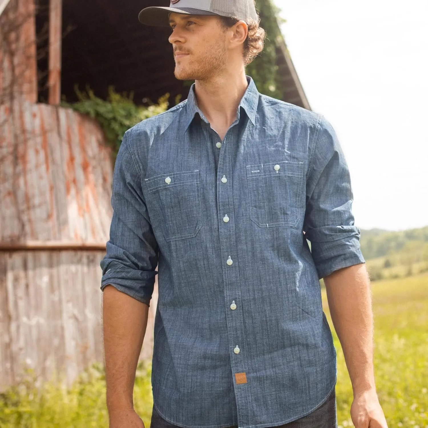 Dubinik Chambray Shirt Men Long Sleeve Cotton Work Shirts with 2 Pockets Casual Button Down