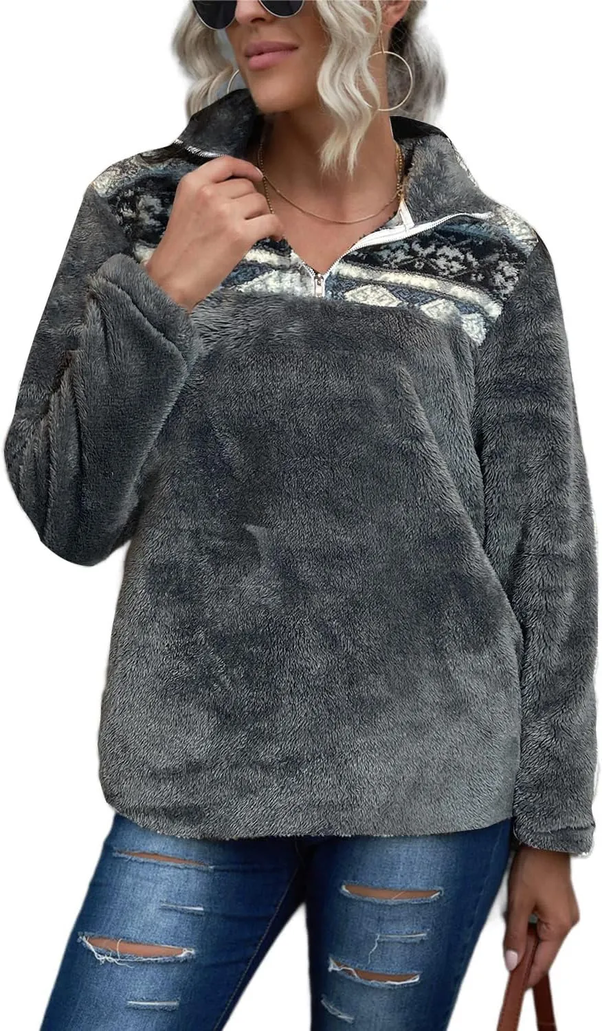EARKOHA Womens Plus Size Long Sleeve Casual Zip Collar Cow Print Fleece Jacket Tops