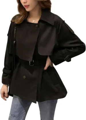 ebossy Women's Casual Notch Lapel Double Breasted Work Office Short Trench Coat with Belt