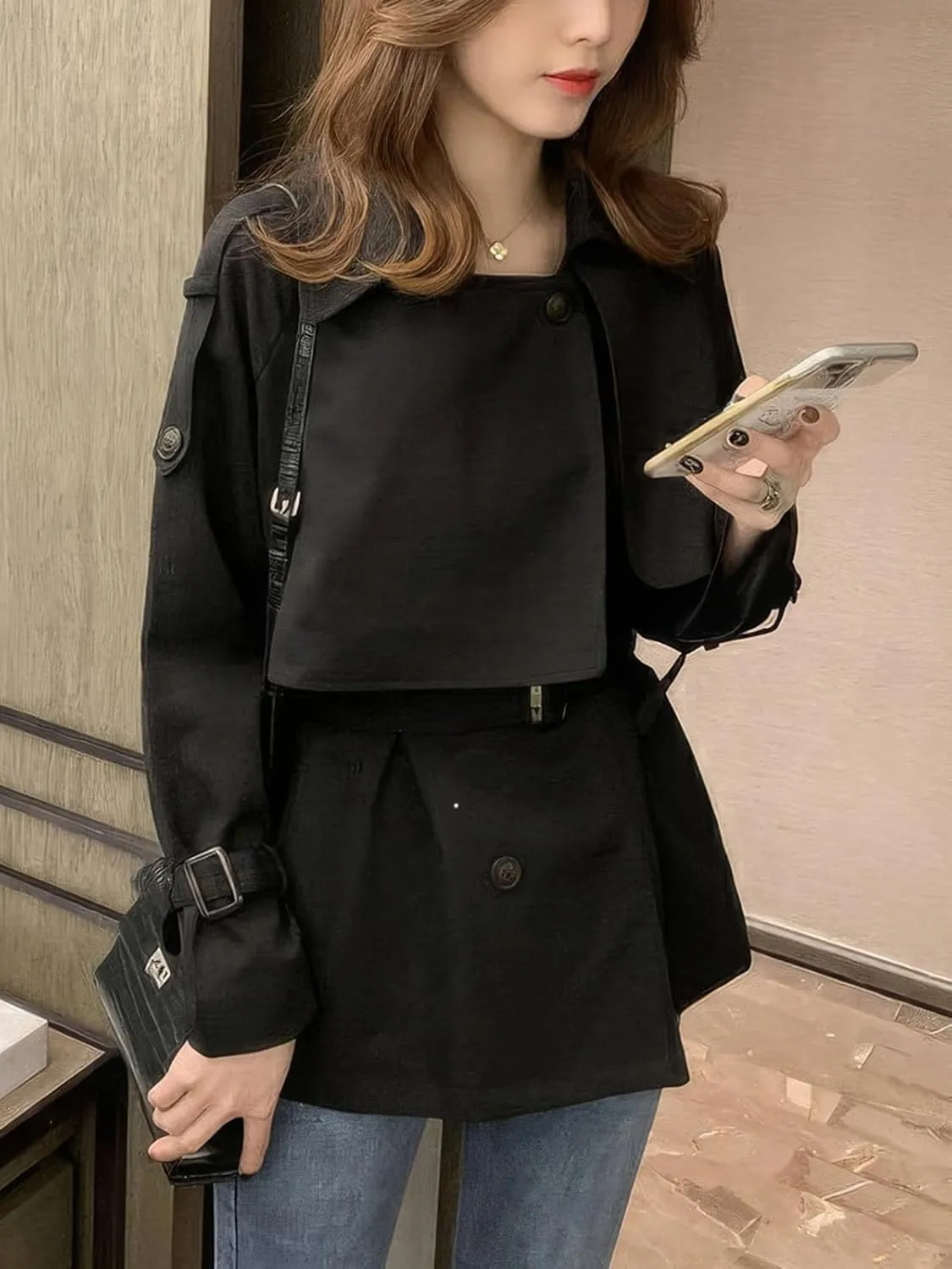 ebossy Women's Casual Notch Lapel Double Breasted Work Office Short Trench Coat with Belt