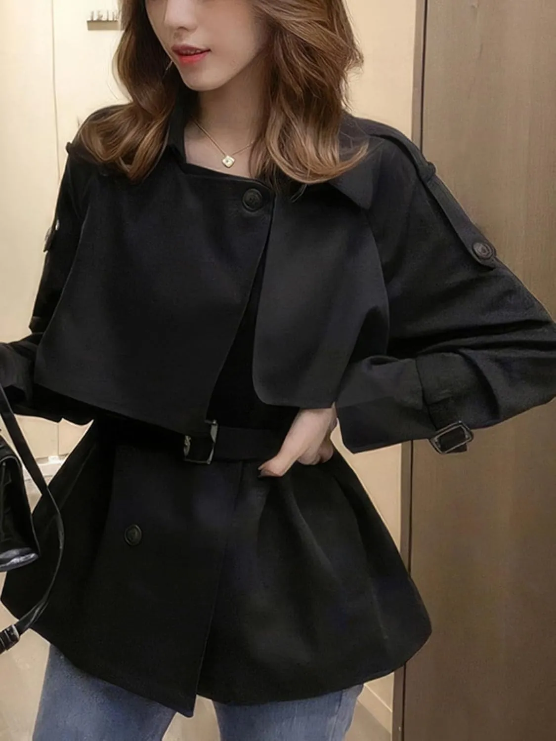 ebossy Women's Casual Notch Lapel Double Breasted Work Office Short Trench Coat with Belt