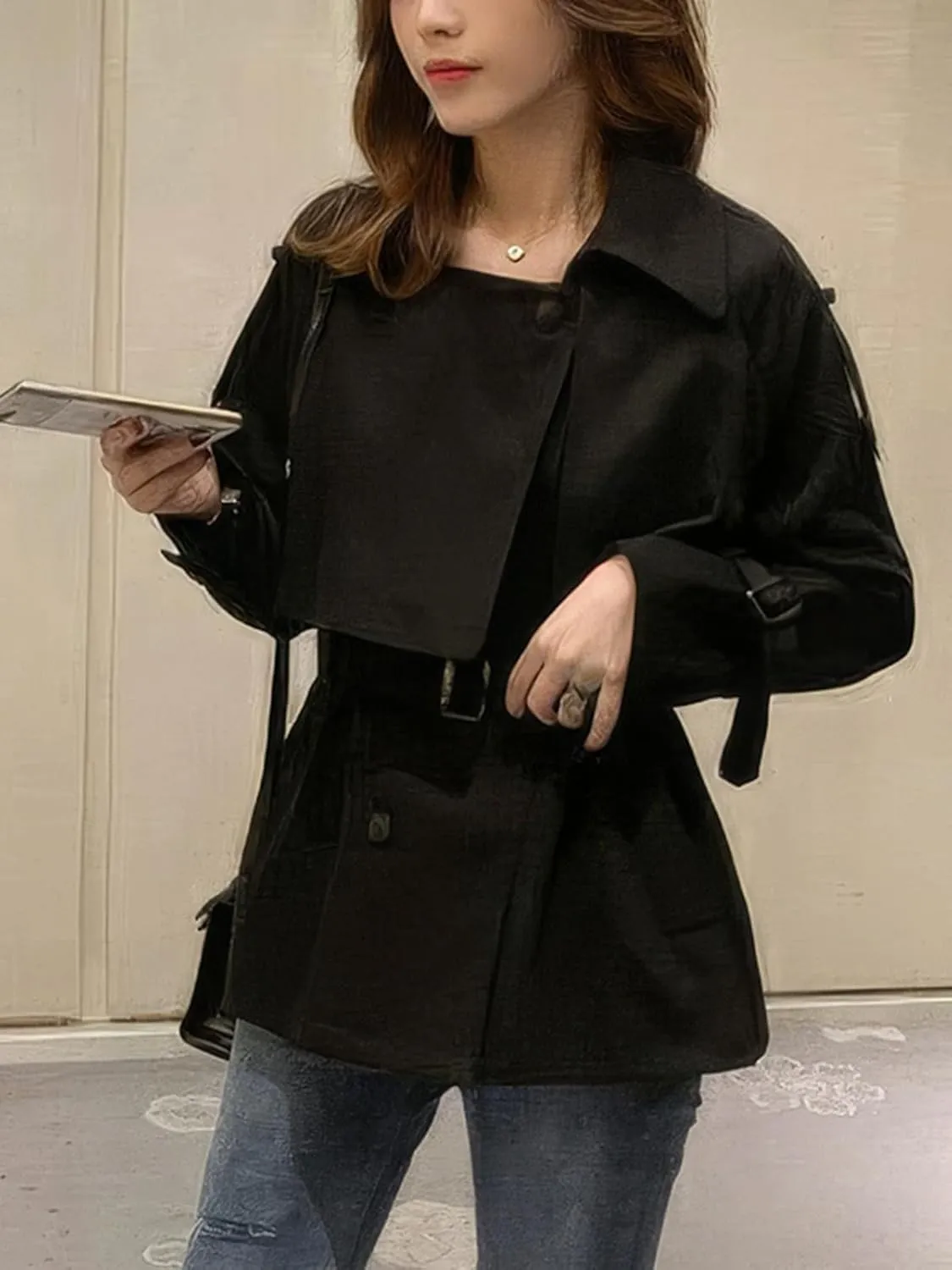 ebossy Women's Casual Notch Lapel Double Breasted Work Office Short Trench Coat with Belt