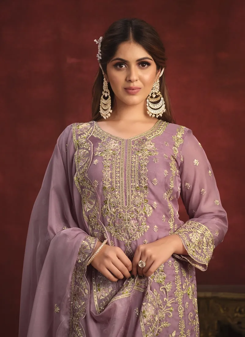Embroidered Straight Salwar Suit in Viscose Organza
