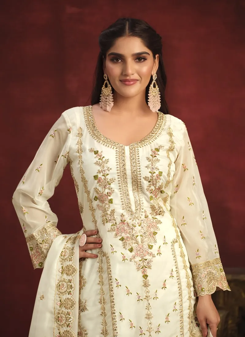 Embroidered Straight Salwar Suit in Viscose Organza