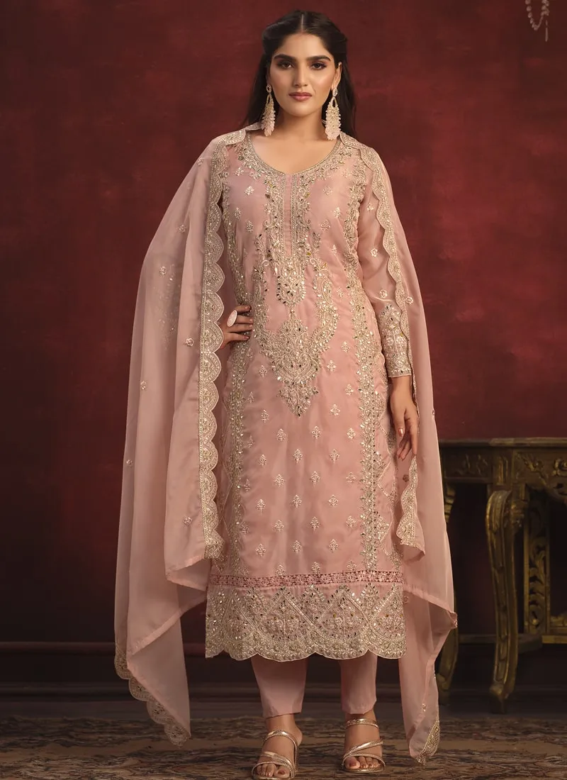 Embroidered Straight Salwar Suit in Viscose Organza