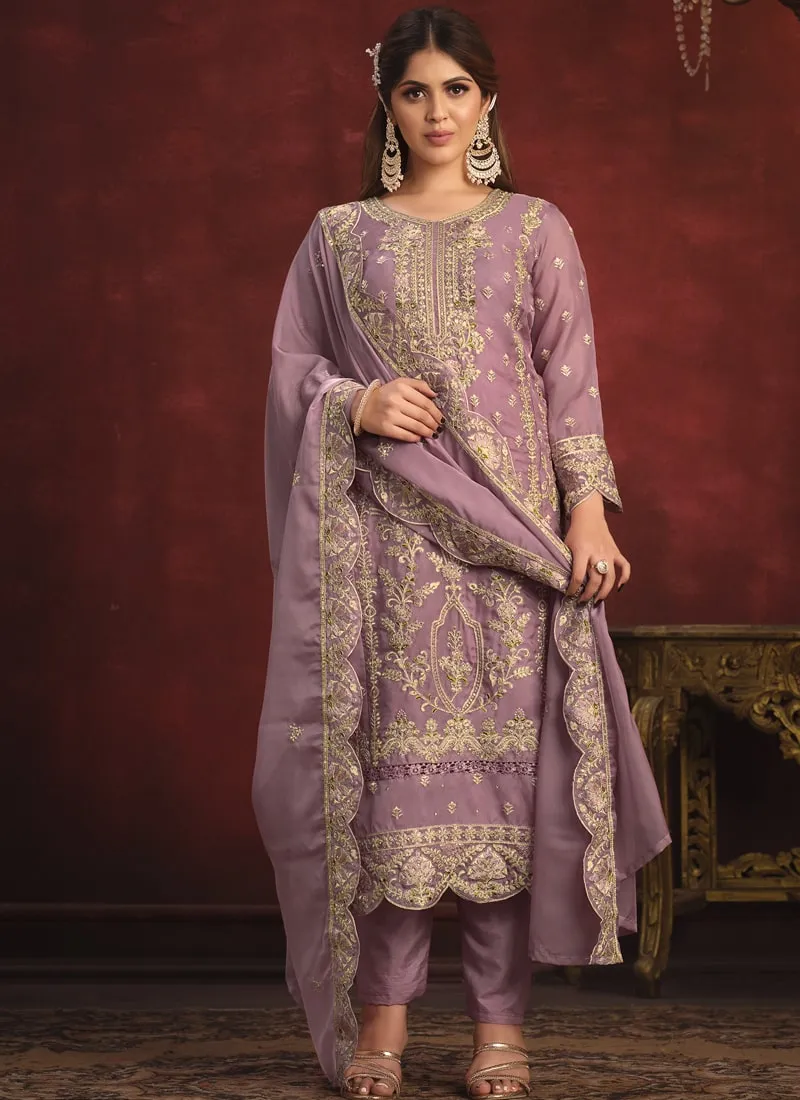 Embroidered Straight Salwar Suit in Viscose Organza