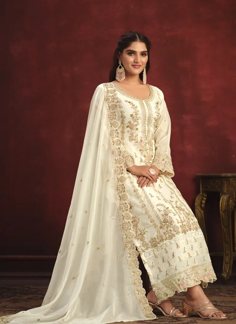 Embroidered Straight Salwar Suit in Viscose Organza