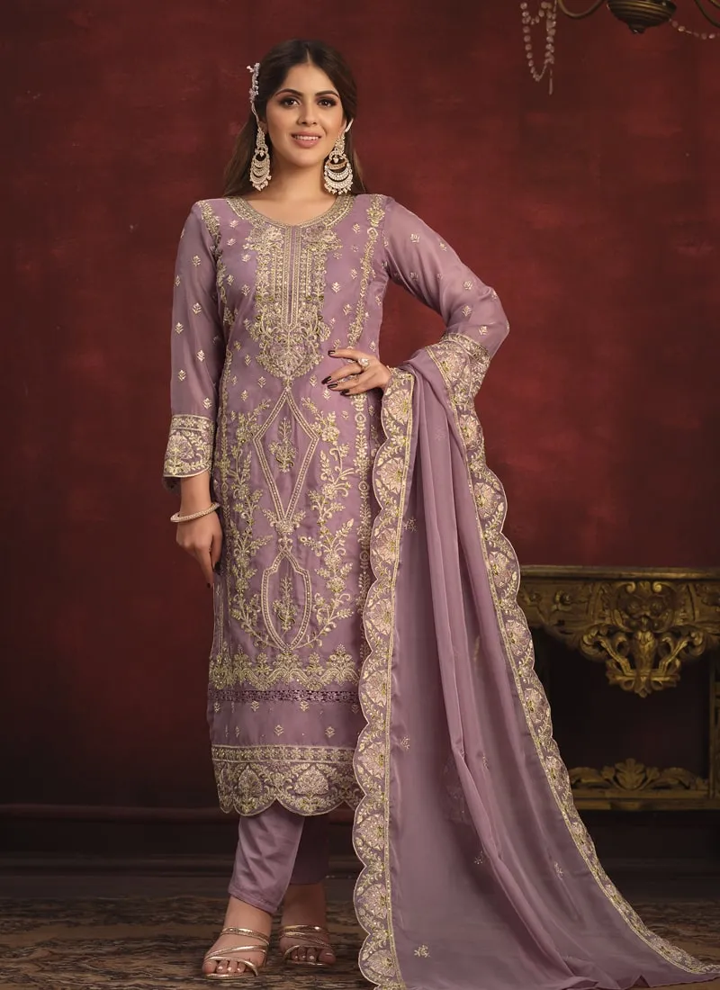 Embroidered Straight Salwar Suit in Viscose Organza