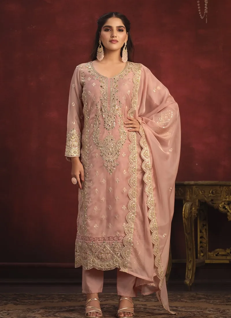 Embroidered Straight Salwar Suit in Viscose Organza