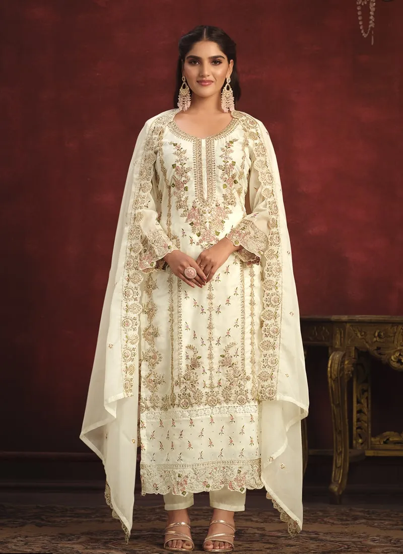 Embroidered Straight Salwar Suit in Viscose Organza