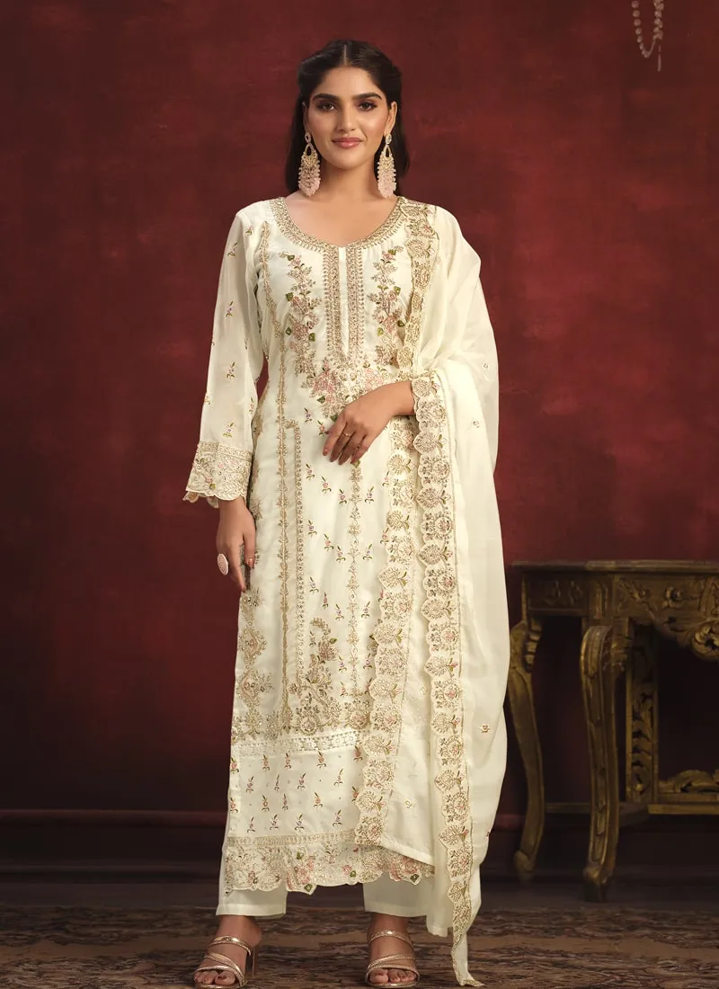 Embroidered Straight Salwar Suit in Viscose Organza