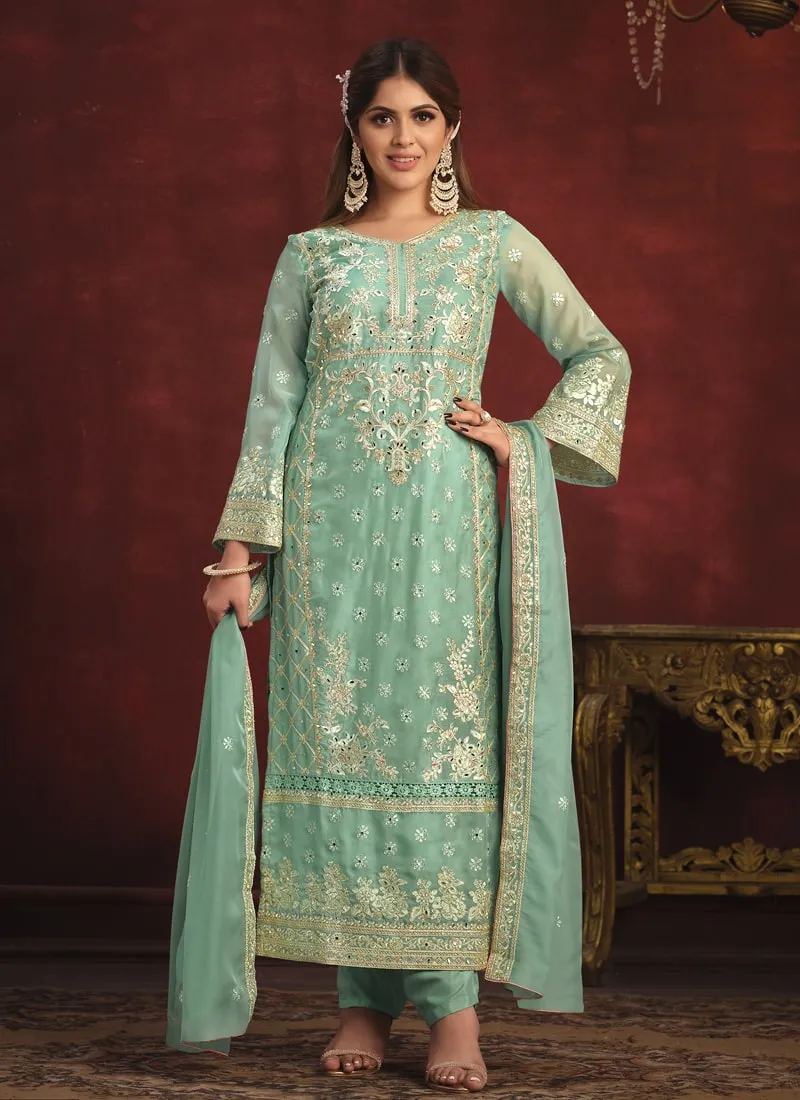 Embroidered Straight Salwar Suit in Viscose Organza
