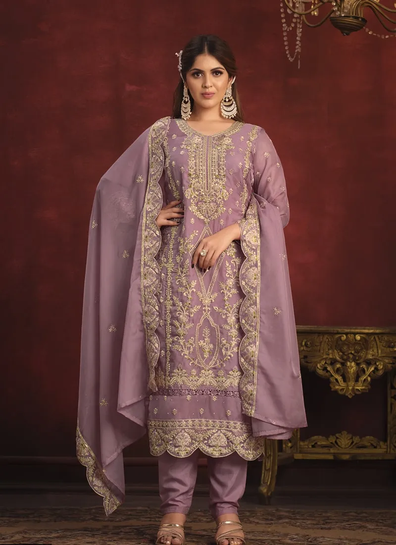 Embroidered Straight Salwar Suit in Viscose Organza