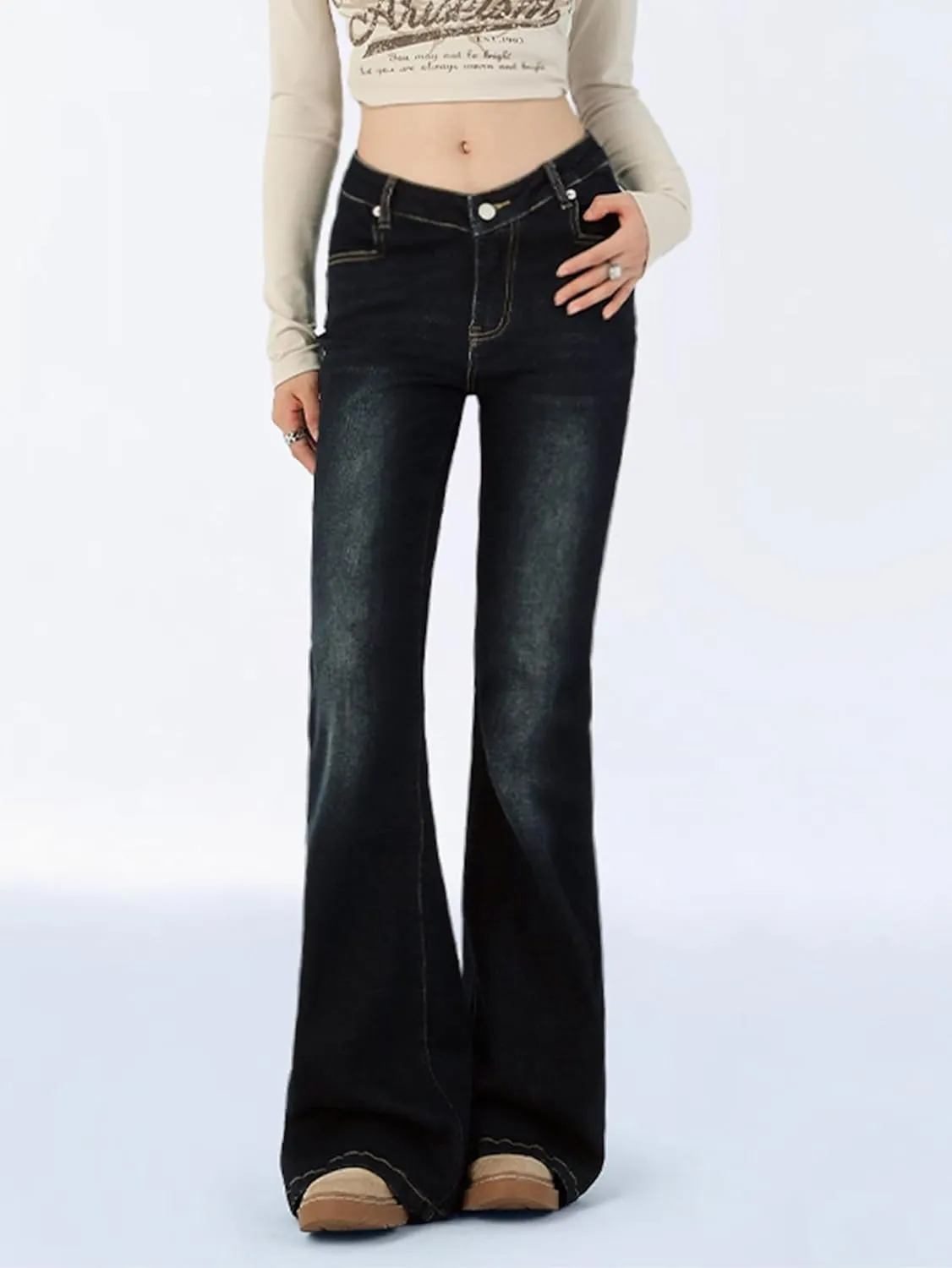 EMMIOL Women's Mid-High Rise Flared Bell Bottom Stretch Jeans Boyfriends Jeans Y2K 90s Denim Pants