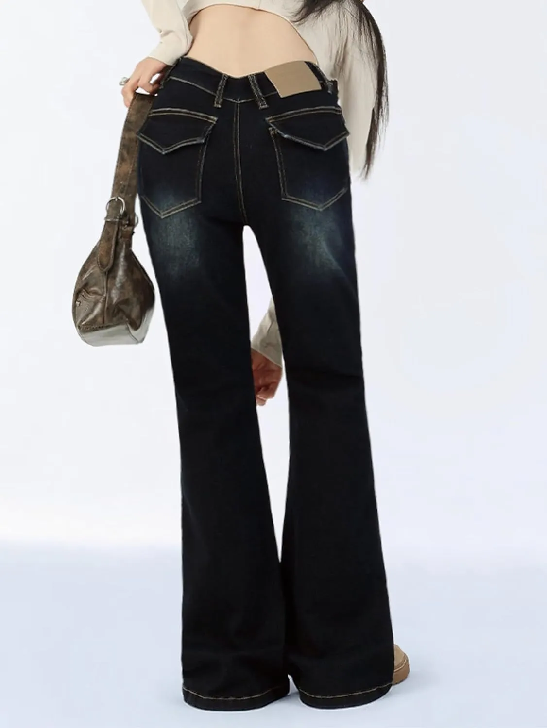 EMMIOL Women's Mid-High Rise Flared Bell Bottom Stretch Jeans Boyfriends Jeans Y2K 90s Denim Pants