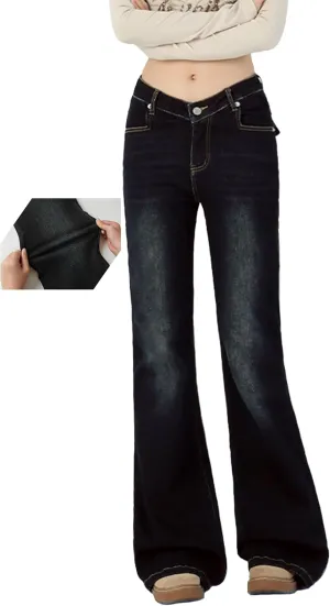 EMMIOL Women's Mid-High Rise Flared Bell Bottom Stretch Jeans Boyfriends Jeans Y2K 90s Denim Pants