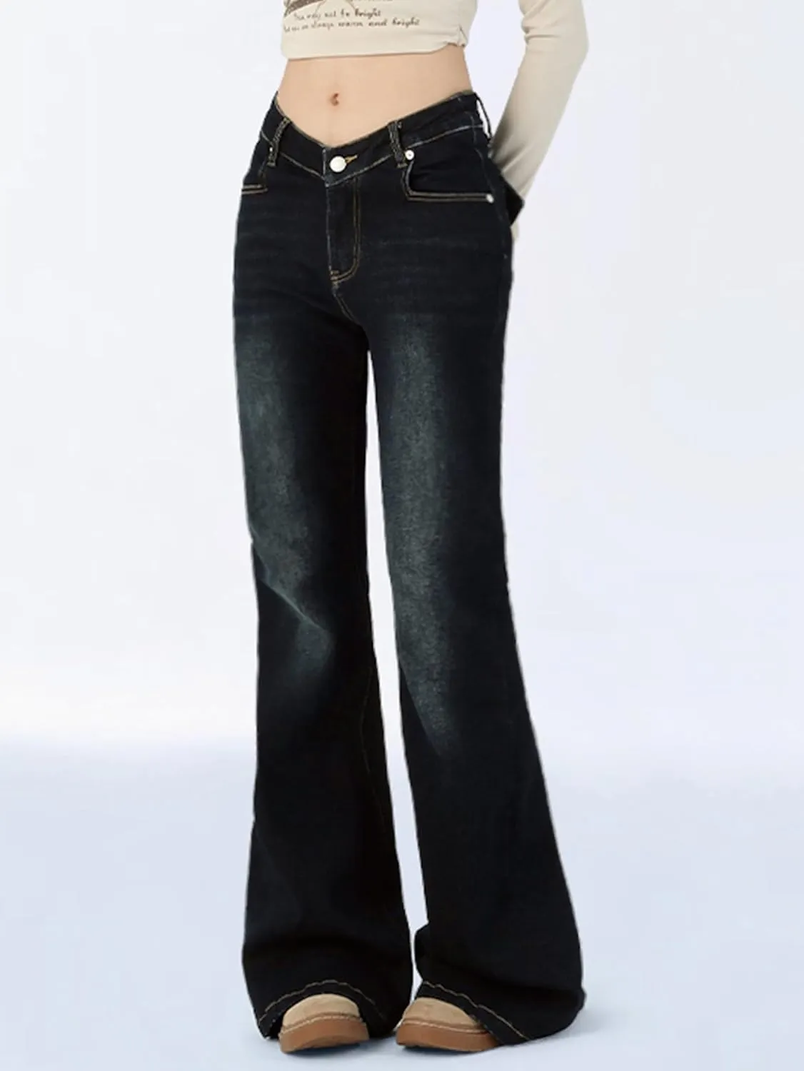 EMMIOL Women's Mid-High Rise Flared Bell Bottom Stretch Jeans Boyfriends Jeans Y2K 90s Denim Pants