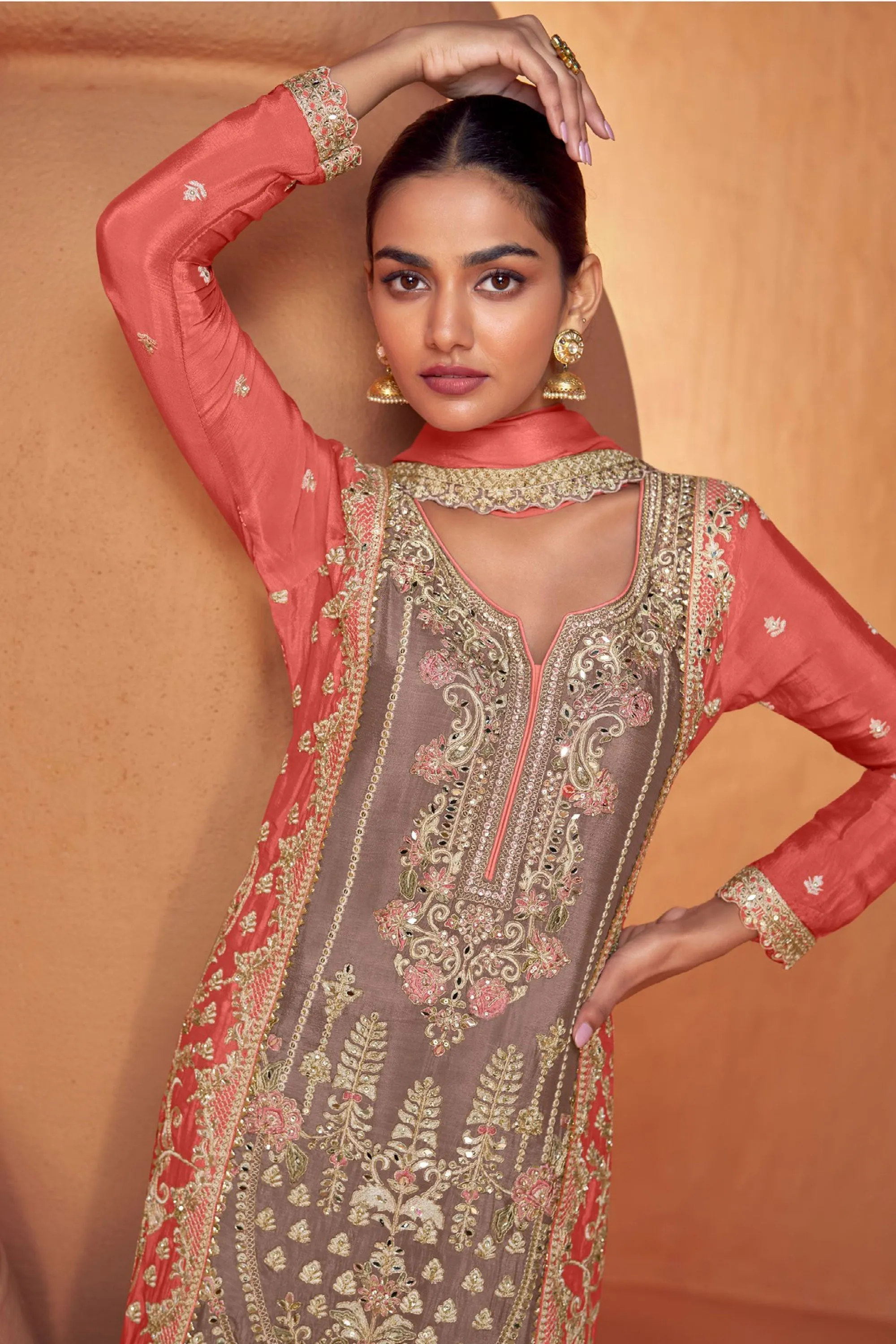 Entrancing Chinon Fabric Readymade Palazzo Suit In Lavender Color