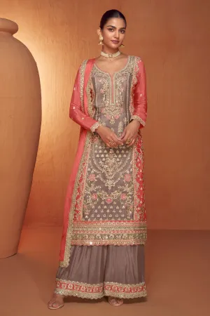 Entrancing Chinon Fabric Readymade Palazzo Suit In Lavender Color