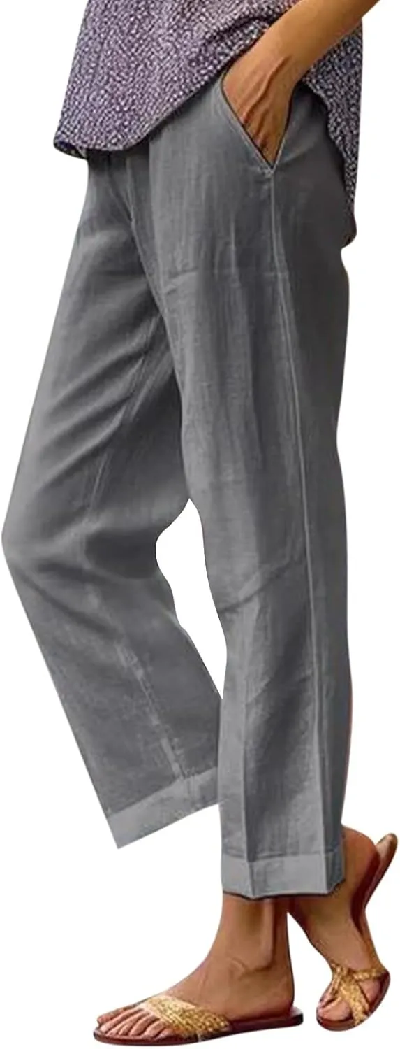 eoeioa Gauze Pants for Women Casual Summer Elastic Waist Ankle Pants Casual Baggy Comfy Beach Trouser with Pockets