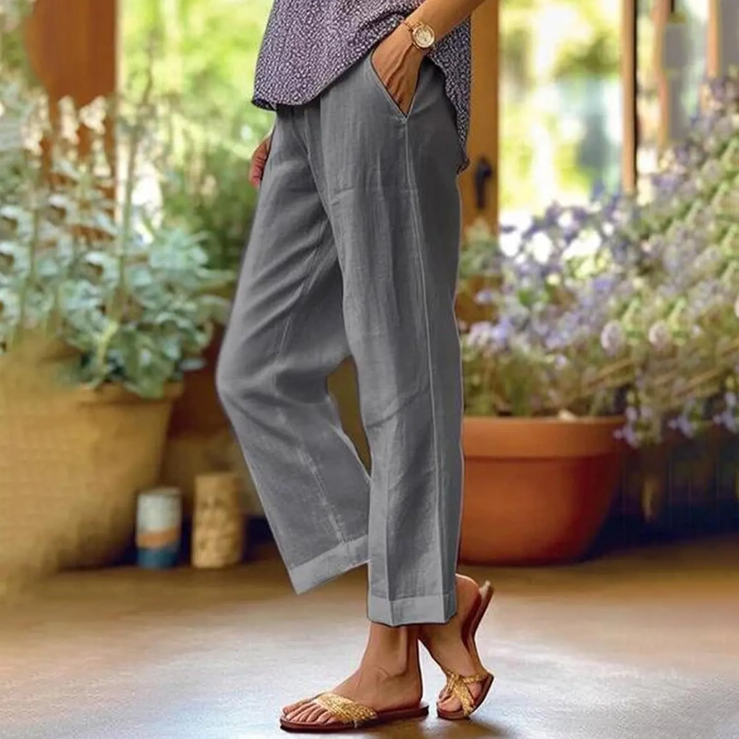 eoeioa Gauze Pants for Women Casual Summer Elastic Waist Ankle Pants Casual Baggy Comfy Beach Trouser with Pockets
